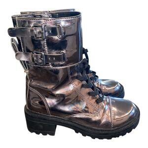 DKNY Womens Bart Metallic Gunmetal Double Buckle Strap Back Pull Tab Boot Size 6